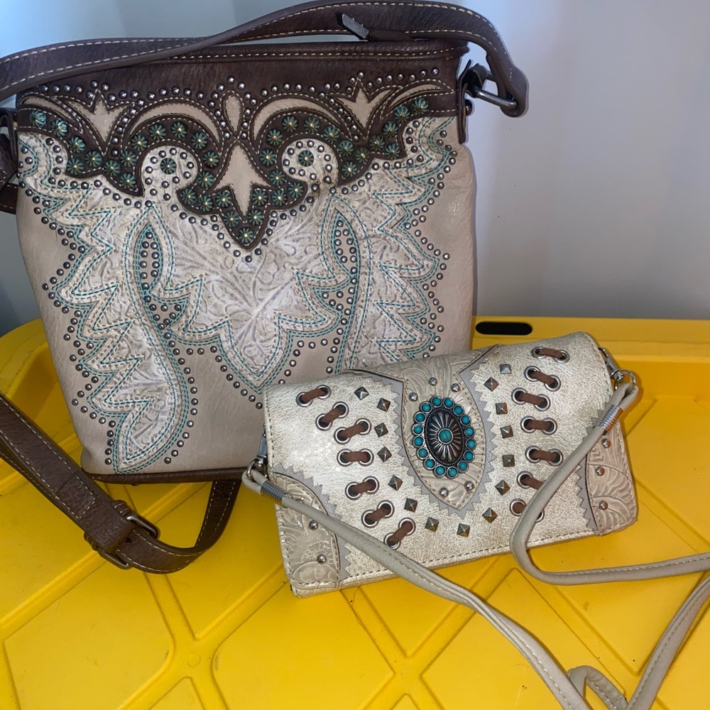Montana West Brown and Cream Embroidered Shoulder Bag Set